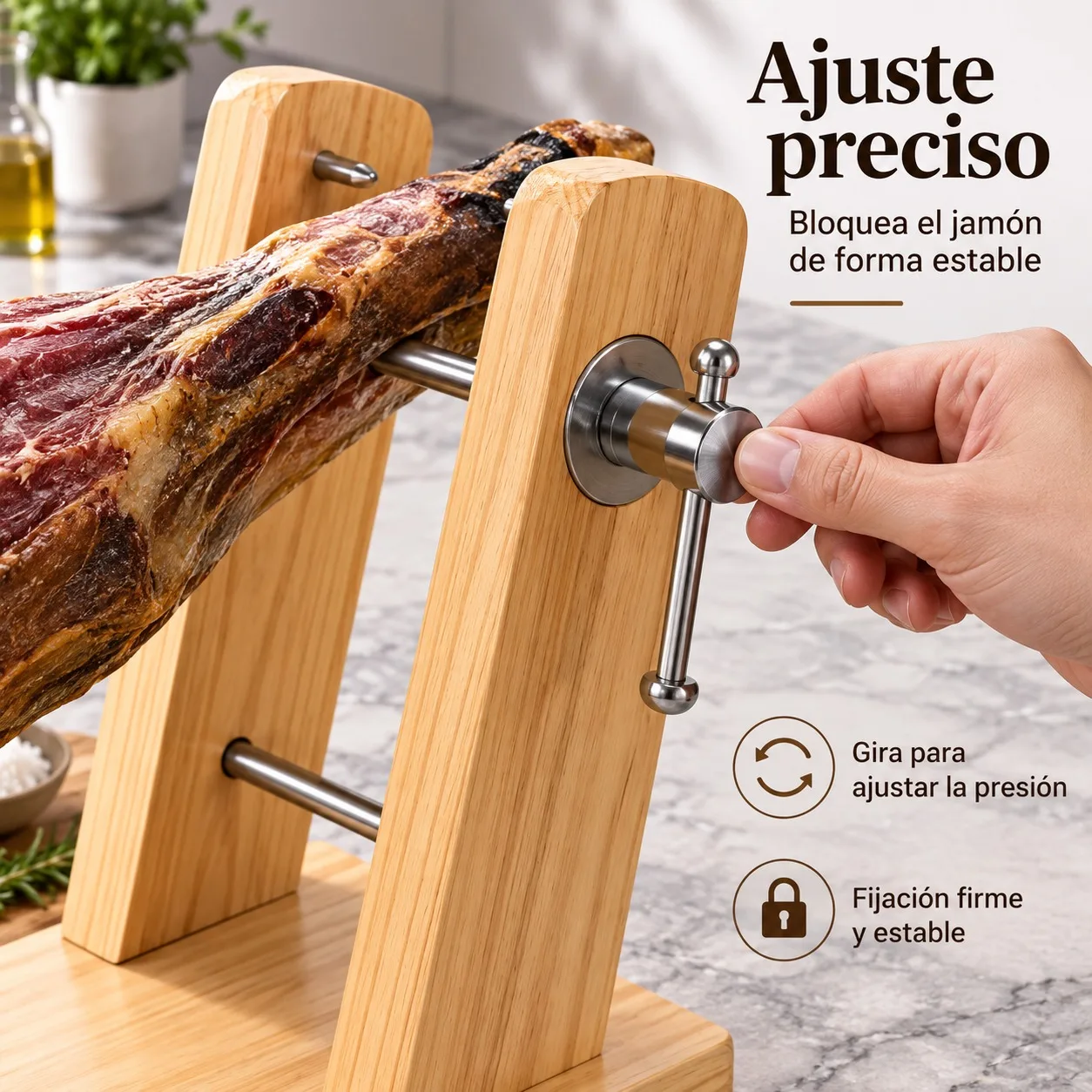 Fotografia 3: Suporte para presunto em madeira de pinho e aço inoxidável, com estrutura de braços duplos, para presuntos ibéricos e serranos. Base estável de 44,5 x 22,5 cm, ideal para cortes profissionais em casa.