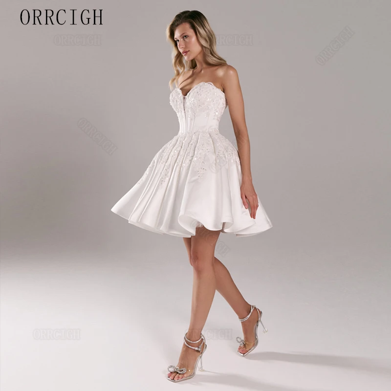 Short Satin Wedding Dresses with Lace Applique Sweetheart Neck Knee Length Bridal Gown Corset Bride Dress Customizable