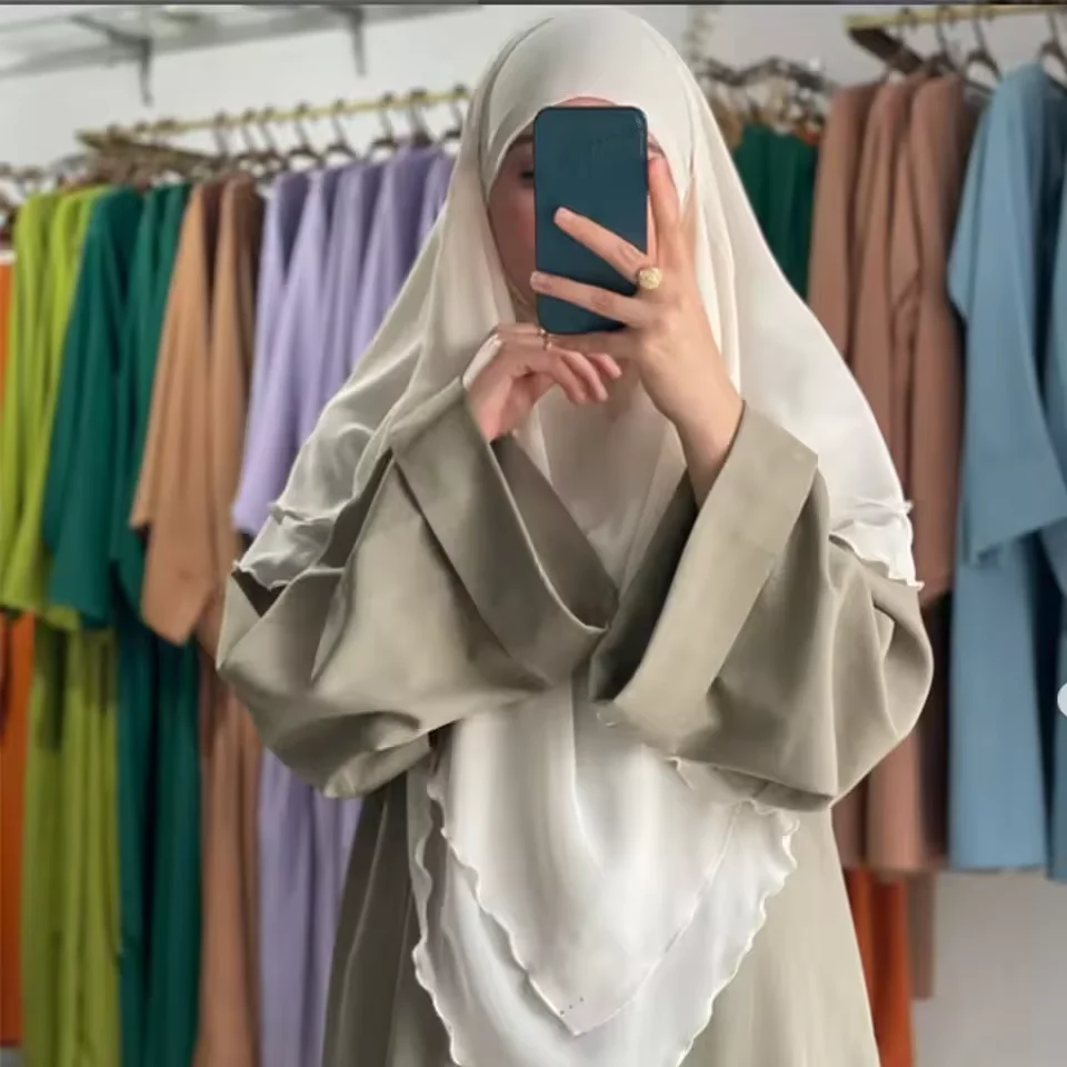 

Double Layer Hijab Eid Ramadan Muslim Women Prayer Hijabs Overhead Headscarf Khimar Islamic Headdress Turkish Abayas Abaya Dress