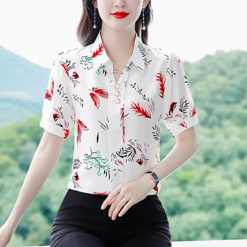 

Модная женская шифоновая блузка с принтом и коротким рукавом, летняя коллекция 2025, новинка, свободный крой, из полиэстера, скрывающая живот