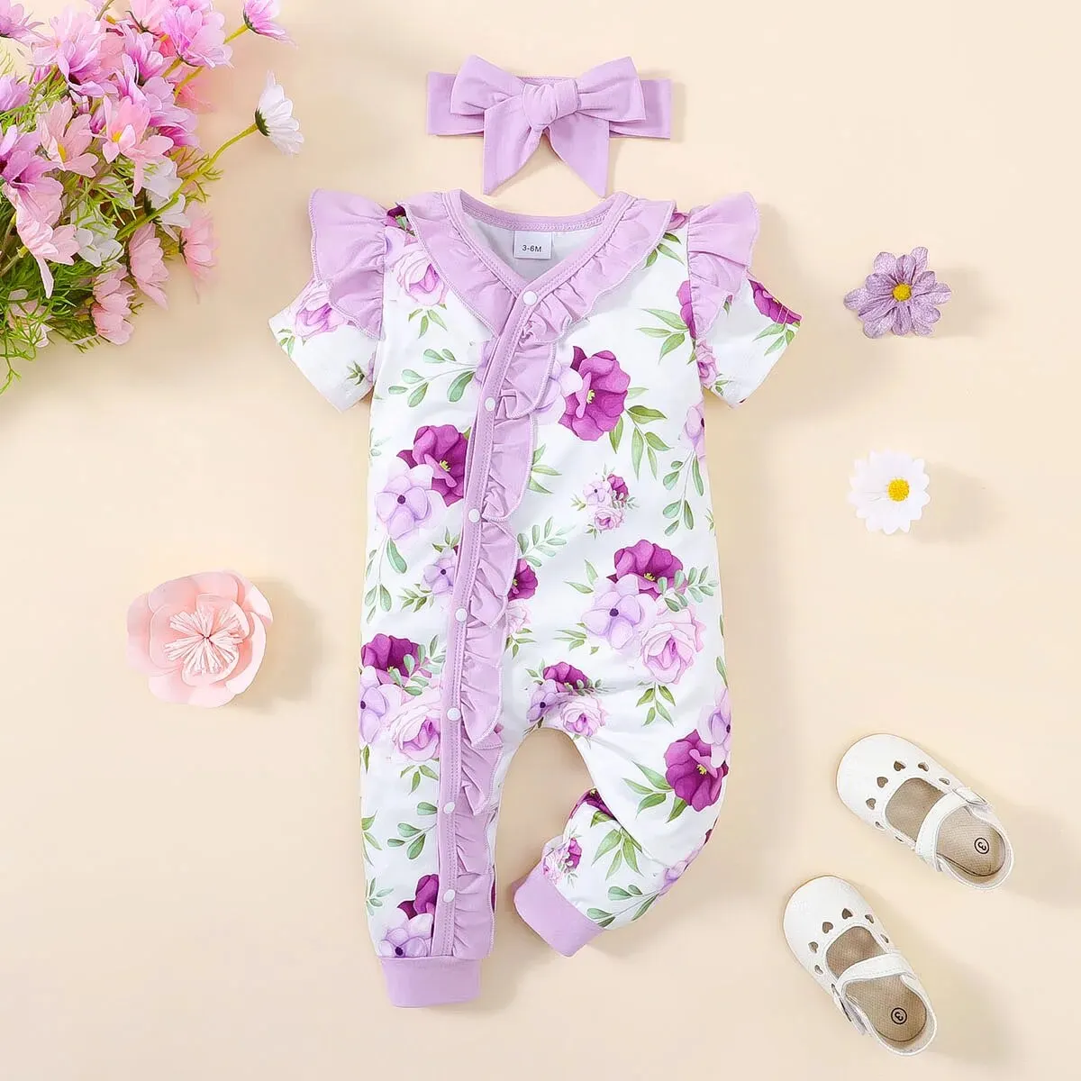 Summer Newborn Infant 0-1 Years Old Baby Girls Romper Short Sleeve A Flower Print Kids Soft Baby Casual Clothing