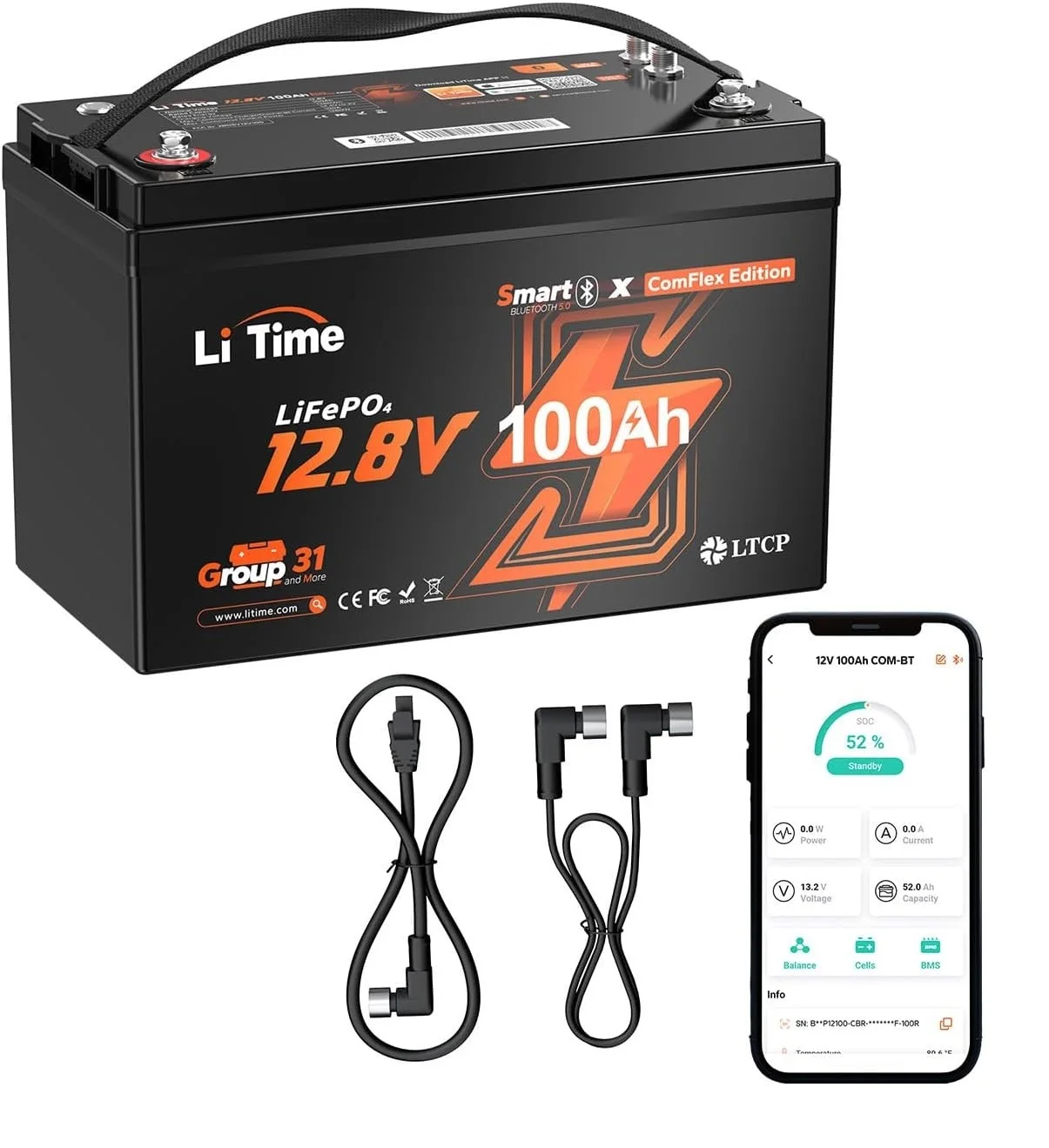 LiTime 12V 100Ah LiFePO4 Bluetooth-batterij Victron-compatibel CAN/RS485 100A BMS Bescherming tegen lage temperaturen Stacaravan Zonne-opslag