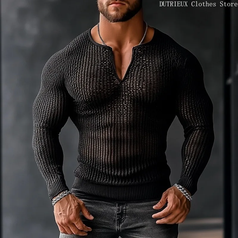 Nieuwe Sexy Perspectief Mannen Lange Mouw V-hals T-shirt Top Casual Transparante Mesh Lange Mouw Bar Club Hollow Mesh Heren top