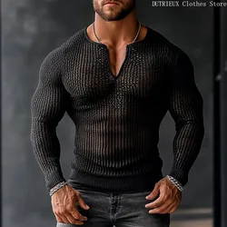 New Sexy Perspective Men Long Sleeve V-neck T-shirt Top Casual Transparent Mesh Long Sleeve Shirt Bar Club Hollow Mesh Men's Top