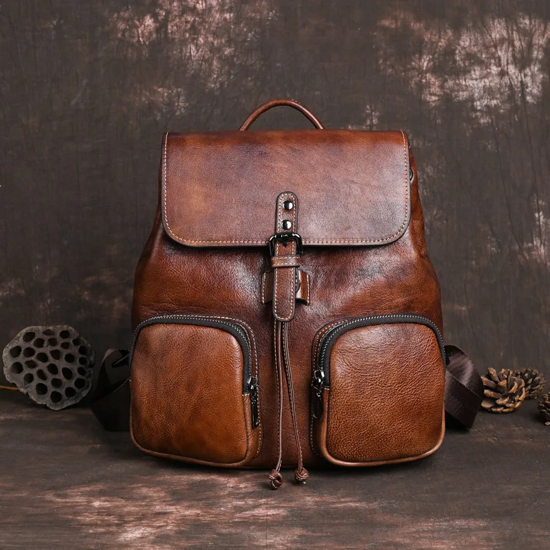 Vintage Genuine Leather Backpack Woman Pocket Decorated Cowhide Travel Bags Antitheft Real Cow Leather Shoulder Bag