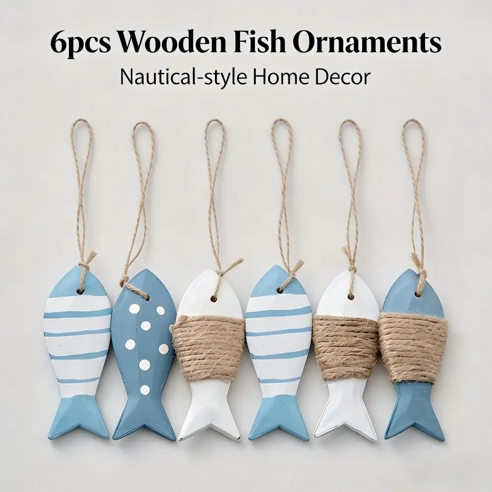 6-Piece Coastal Wooden Fish Wall Art – Rustic Nautical Decor with Rope Hangers, Blue & White Striped Fish for Beach, Lake