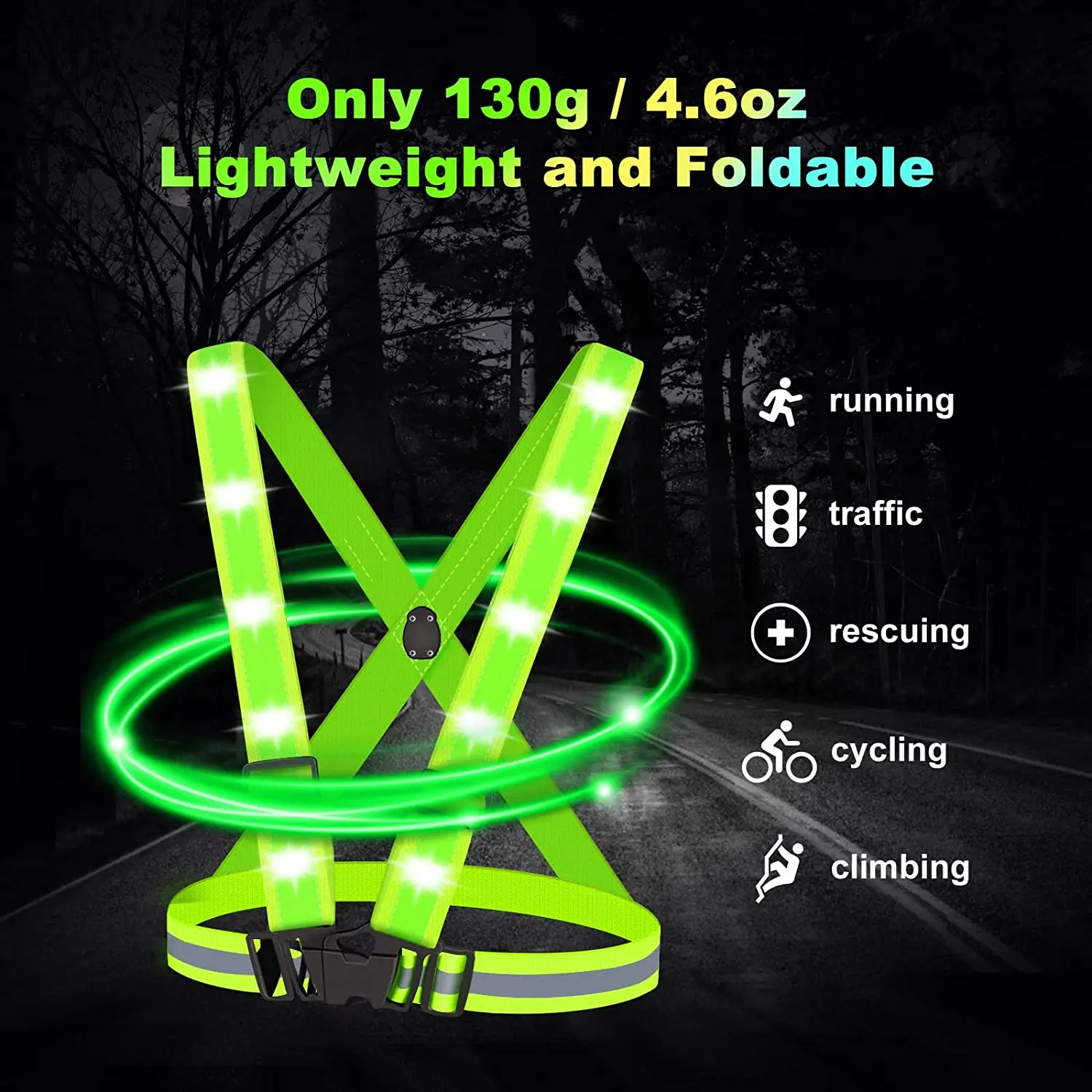 LED Reflective Vest Waterproof Adjustable USB Rechargeable Safety Vest for Women Men Night Running Jogging Walking Cycling Motor