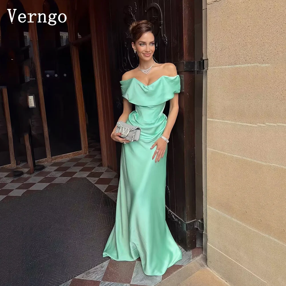 

Verngo Green Satin Simple Evening Dress Off The Shoulder Mermaid Maxi Formal Occasion Dress Pleated Party Dress Customized