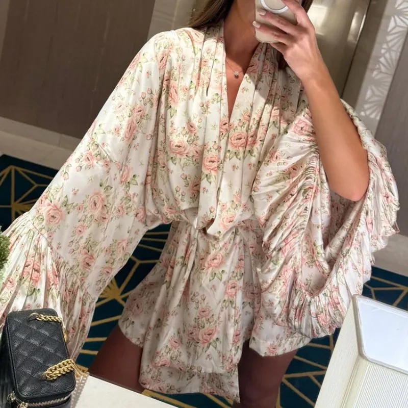 Abito elegante da donna a trapezio con stampa floreale in raso, casual Y2K, mini abito plissettato con maniche lunghe a sbuffo e scollo a V