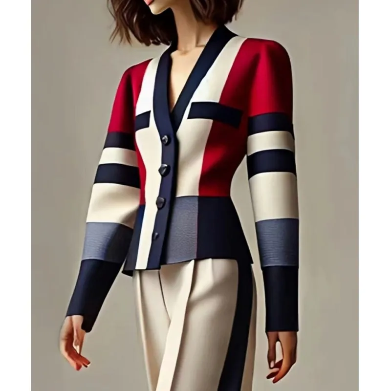 Women's Elegant Color Block V-Neck Coat+High Waist Wide Leg Pants Two Piece Set Autumn Fashion Striped Formal Office Outfit Lady