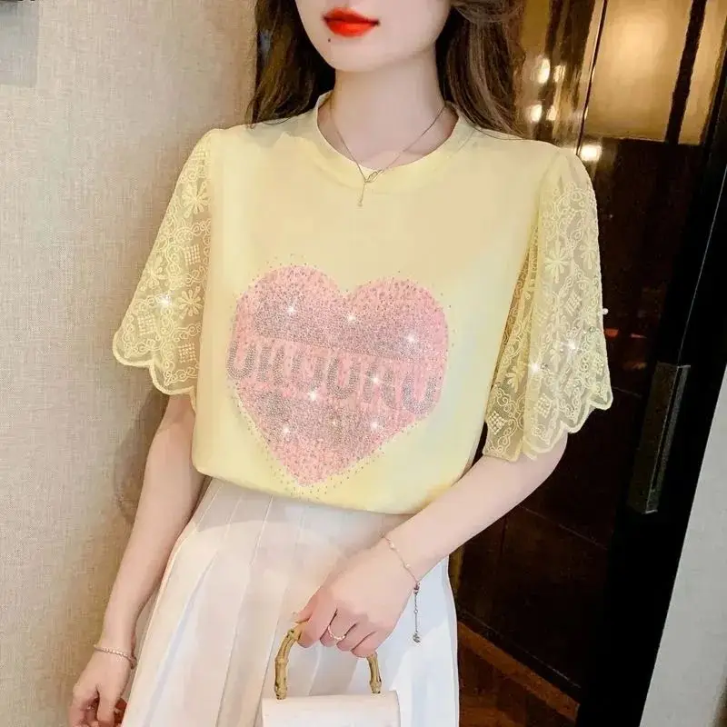 Women Summer Fashion Diamonds Lace O-neck Short Sleeve T-Shirt Ladies Casual Office Lady Loose Appear Thin All-match Trend Tops