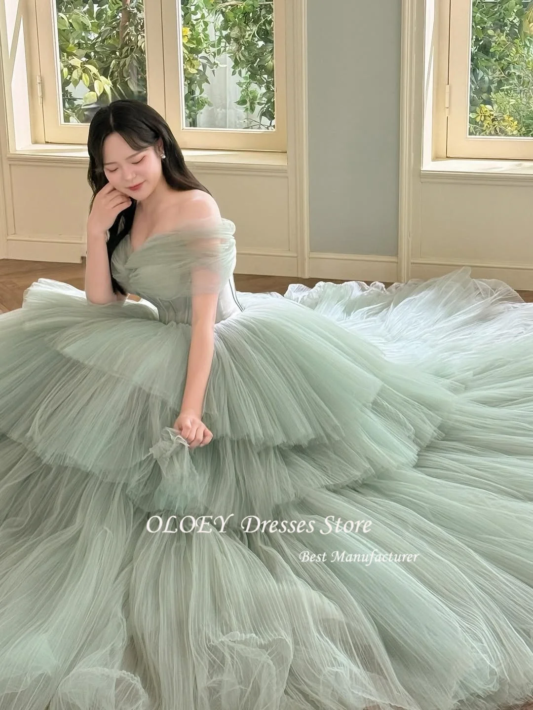 OLOEY Luxury Tulle Green Puffy Wedding Party Korea Photo Shoot Dress Off Shoulder Long Tiered Bridal Corset Evening Dress Custom