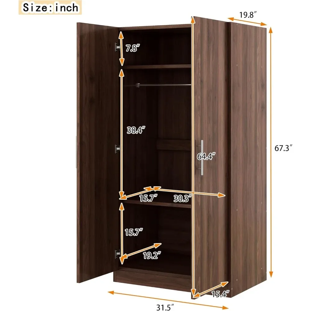 2 Doors Brown Wooden Wardrobe Cabinets, Bedroom Slim Armoire Closet Organizer, 3 Shelves and Hanging Rods,Brown