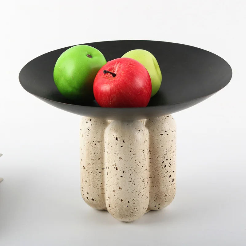 Round, imitation travertine, tall foot, fruit plate, decoration, ornament, retro, European style, light luxury