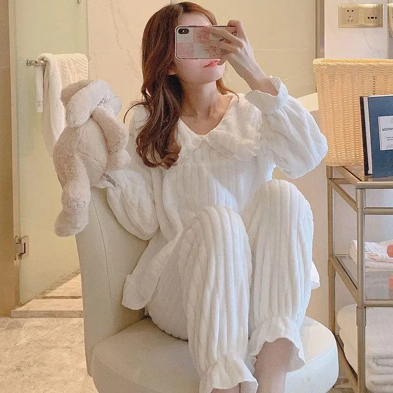 

Пижамные комплекты из кораллового флиса с кружевными краями для девочек, брюки принцессы с длинными рукавами, кавайная милая одежда для отдыха, весенне-осенняя одежда для сна, одежда