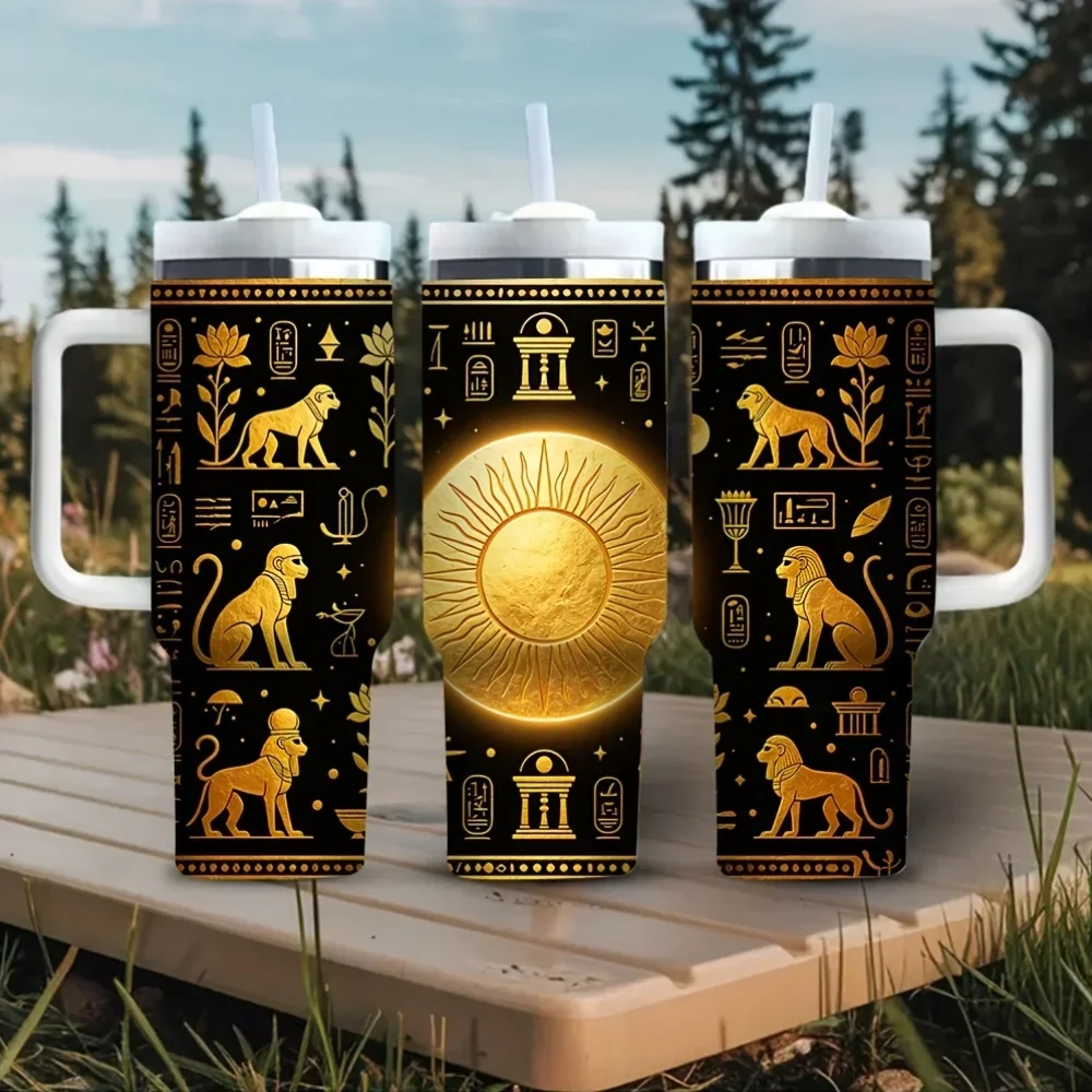 40Oz Tumbler with Handle, Featuring Ancient Egyptian Golden Lion Hieroglyph Sun Print, Suitable for Adult Daily Use, Fits Both Hot And Cold Drinks Ideal for Outdoor And Daily Activities