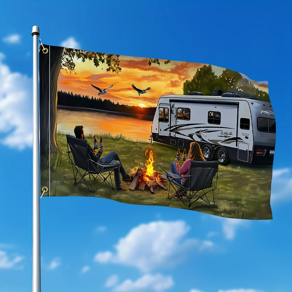 RV Camper Couple Camping Fire Sunset Garden Flag Polyester Outdoor Decor