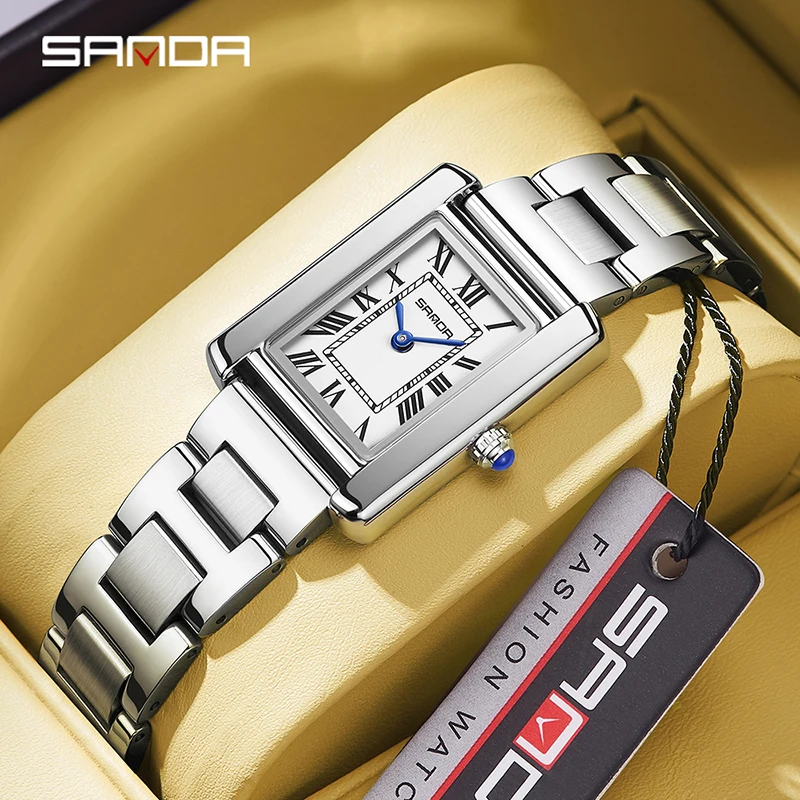 SANDA Fashion Lovers Quartz Watch Roman Numeral Square Stainless Steel Leather Casual Business Lovers Wateresistant Womens Watch