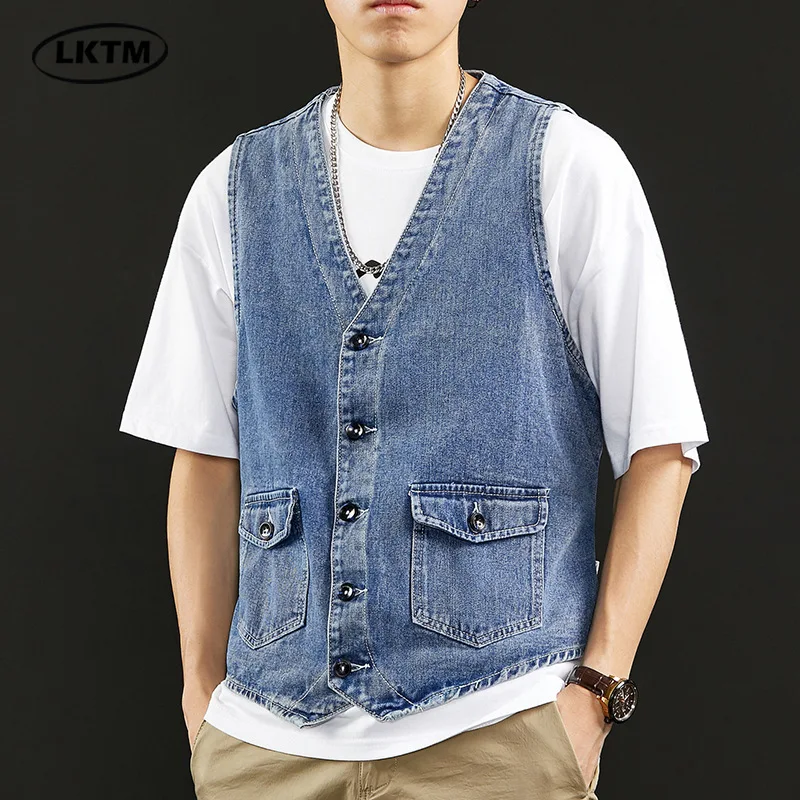 

2024 men's new V-neck denim vest, tooling casual loose wash, youth retro vest