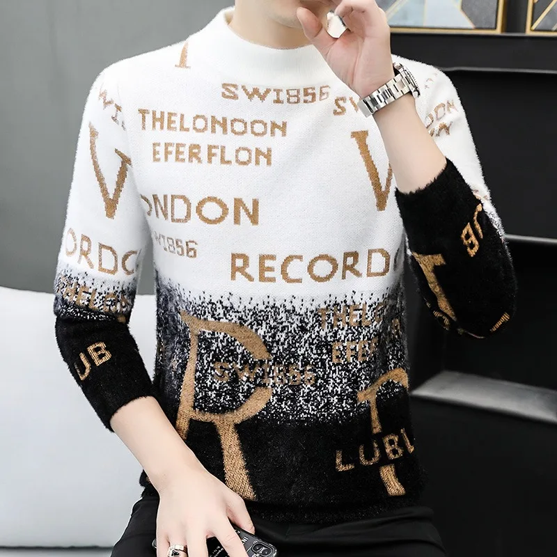 

Мужской вязаный свитер из меха с градиентом, осень/зима, свободный крой, универсальный, с круглым вырезом, студенческий базовый слой, модный