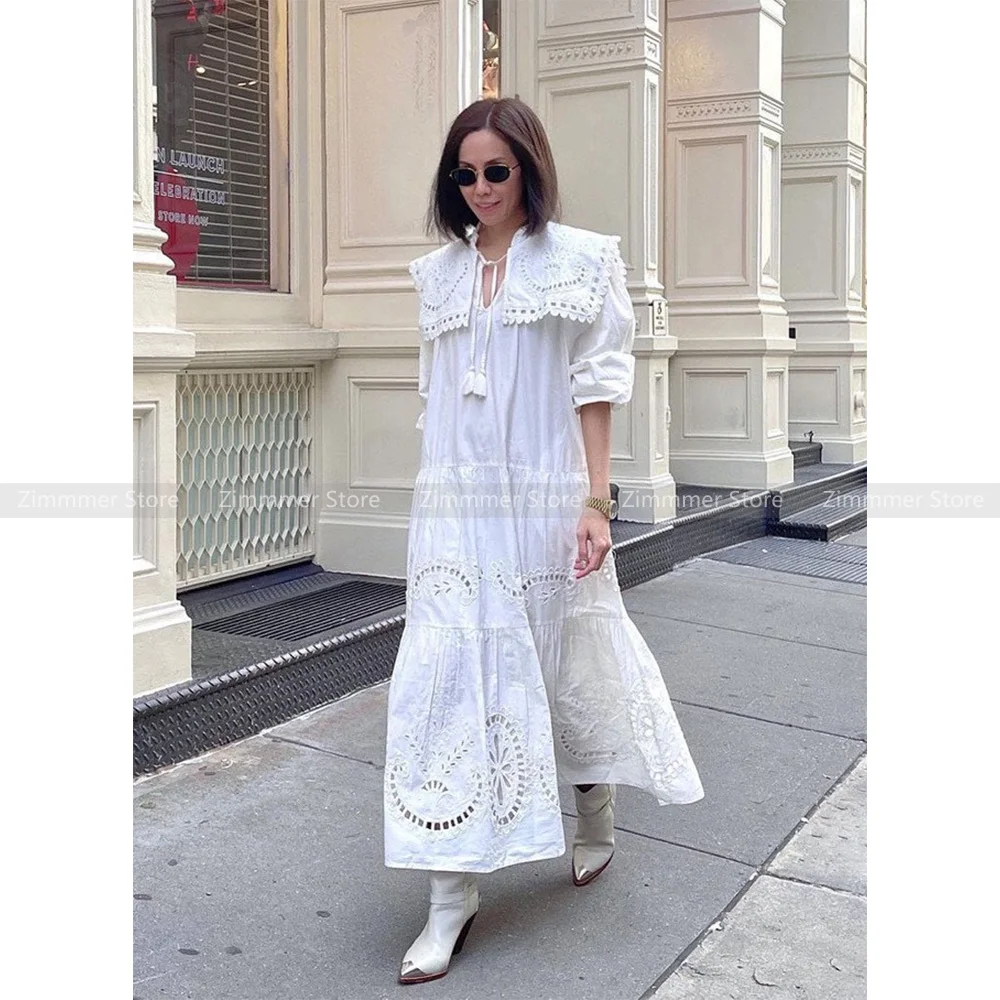 

2024 summer new French haute sense of gentle wind white seven-quarter sleeve lapel embroidery holiday style dress women