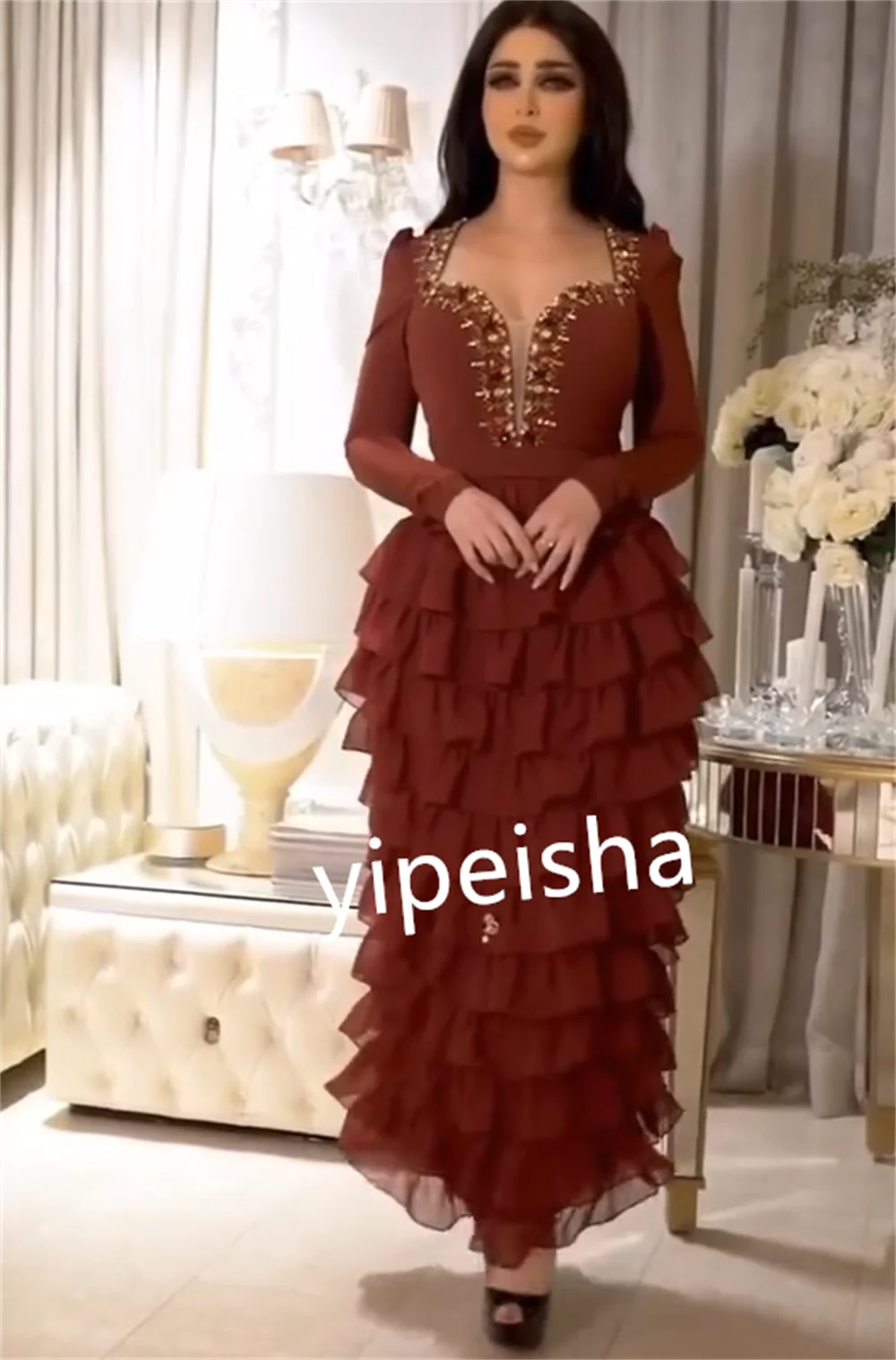 Customized Jersey Draped Beading Tiered Homecoming A-line Square Neck Bespoke Occasion Gown Midi Dresses