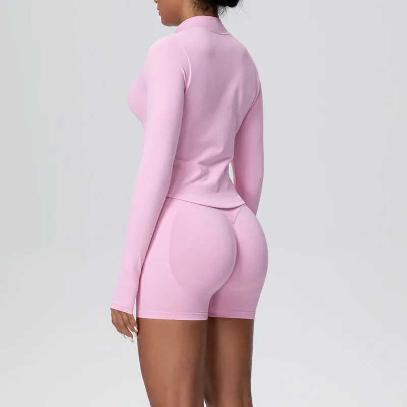 

Women Yoga Set Seamless Stand Collar Knitted Long Sleeve Zipper Yoga Suit High Waist Tight Sports Outdoor Running Fitness Set