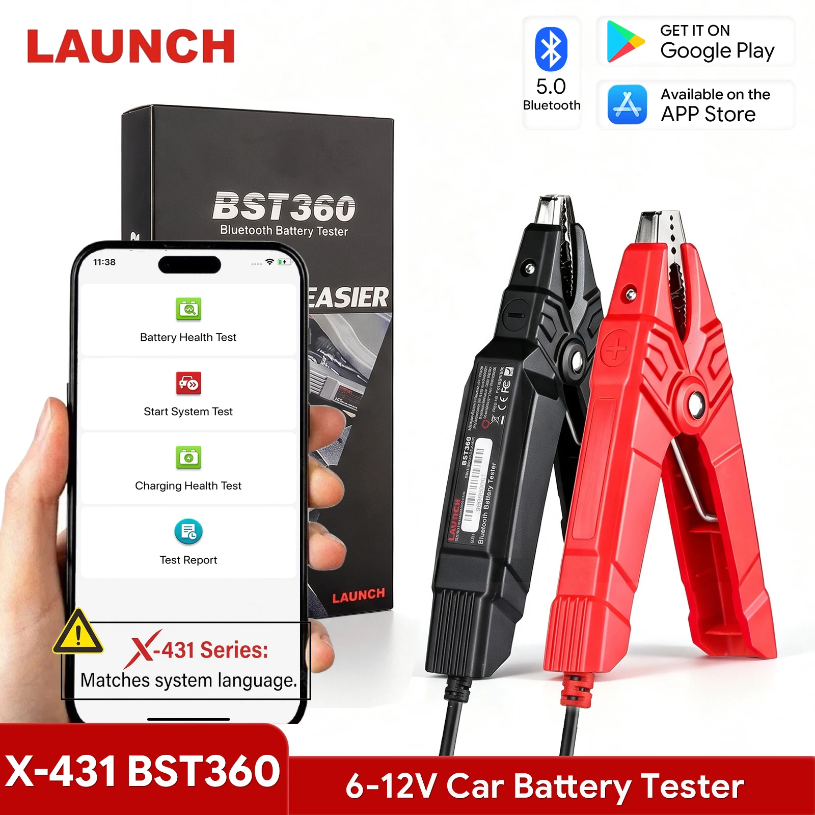 LAUNCH BST360 12V Тестер автомобильных аккумуляторов Bluetooth, анализатор состояния батарей (SOH, SOC), тестер 2000CCA, диагностический инструмент для AGM, GEL, EFB аккумуляторов