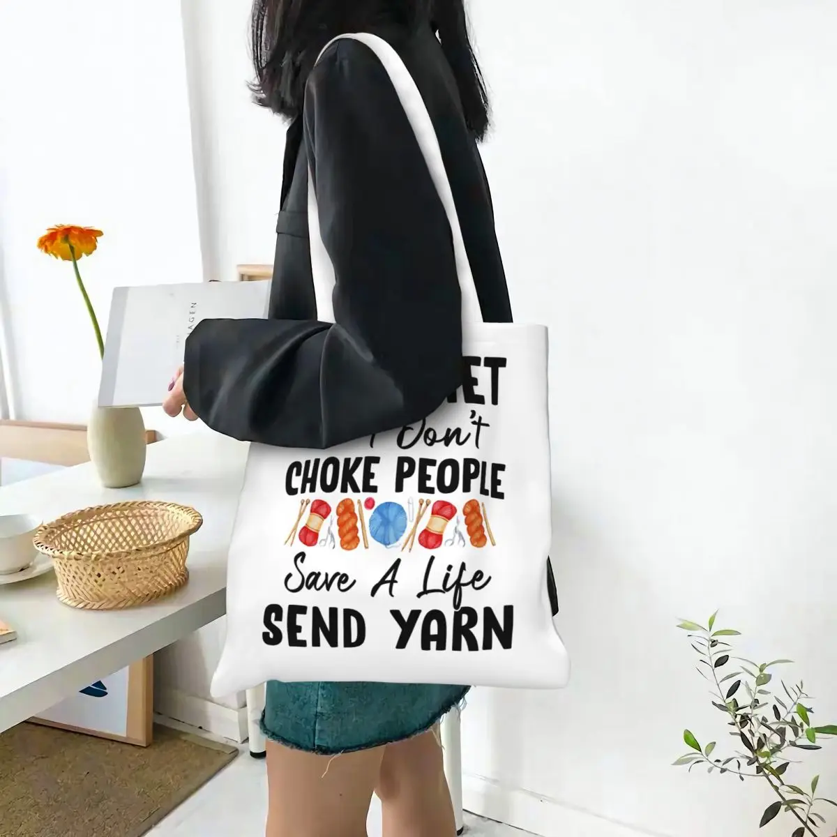 

I Crochet So I Don't Choke People Save A Life Send Yarn Canvas Tote Bag Reusable Large Capacity Shopping Bag Funny Cat Meme Bags