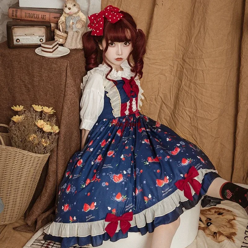 

[Strawberry Orchard] Jsk Strap Cute Sweet and Small Fresh Daily Lolita Skirt Kawaii Dress Bloomers Lolita Navy Blue