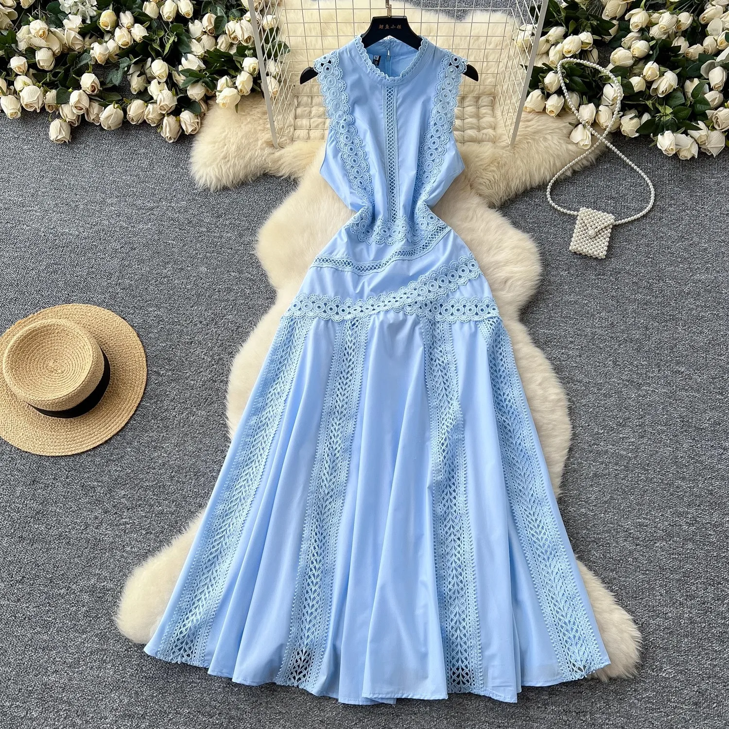 Luxe évider fleur broderie Robe formelle pour les femmes été sans manches vacances dentelle bal soirée longue Robe robes