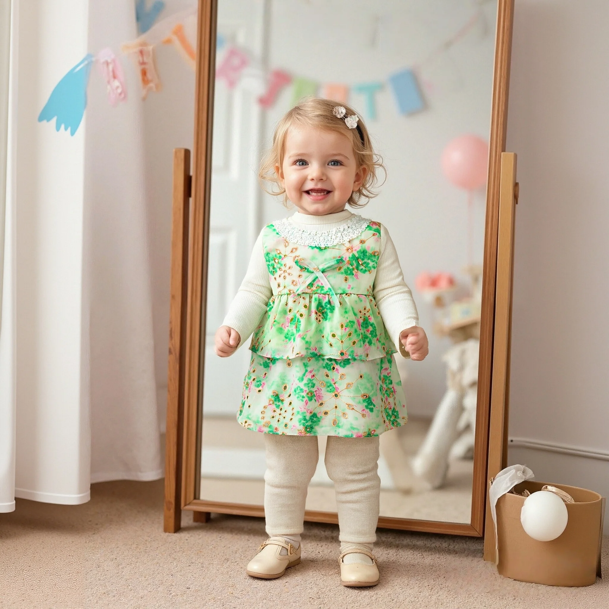 

Baby Girl Birthday Party Dress Bow Tie Lace Edge Full Print Multi-Level Baby Dresses Gentle And Sweet Baby Girl Clothing