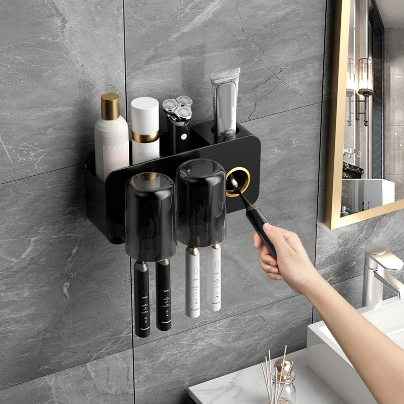 Wall Mounted Toothbrush Holder Dustproof Automatic Toothpaste Squeezing Storage Rack Bathroom Accessories Set Home Decoration