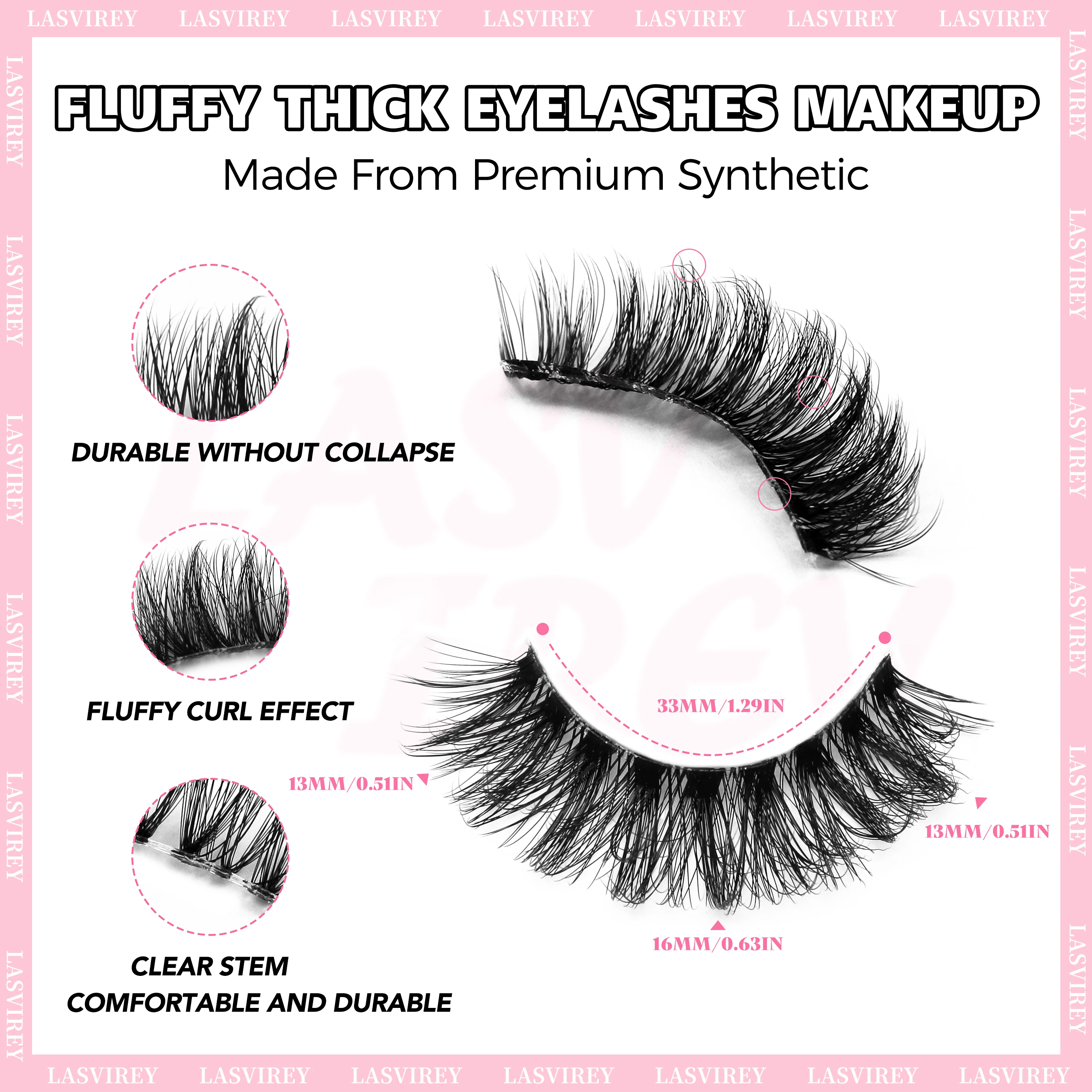 LASVIREY Pestañas postizas naturales y voluminosas, pestañas de tira gruesas y tupidas, efecto 5D, volumen dramático, imitación de visón, con banda transparente, estilo ojo de gato.