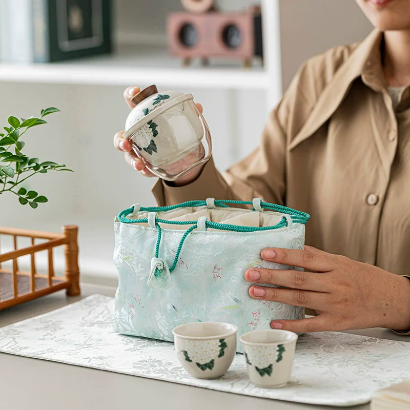 Thickened Tea Set Storage Bag Portable Travel Tea Set with 1 Teapot & 2 Cups | Outdoor Quick Tea Set Organizer view 2