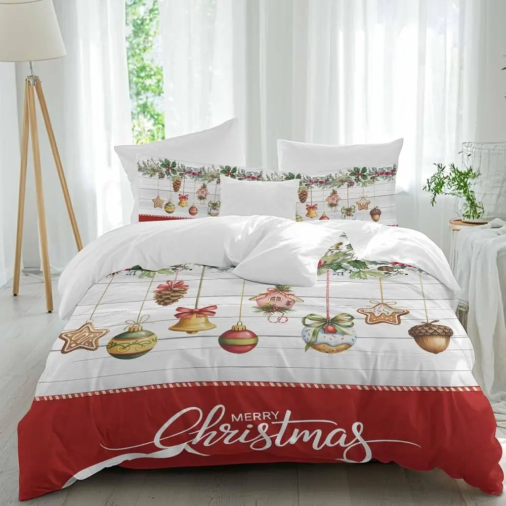

Merry Chrisas Sheet Set, alling Xmas Ball Pine Cone Biscuit Berry Wood Grain 4 Pieces Breathable Sot Duvet Cover Set Bedding Coz