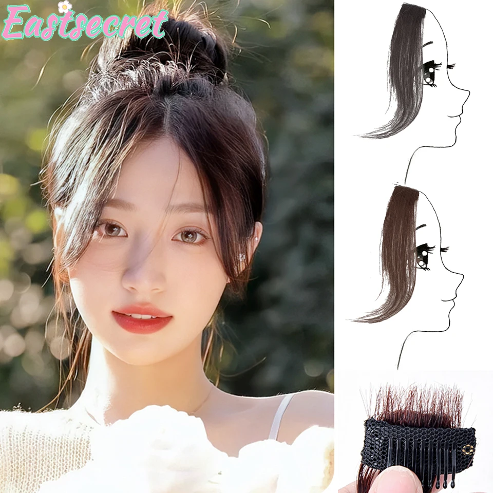 

EAST Long Curly Bangs Clips Front Two Side Fringe Hair Extension Natural Synthetic Middle Part Fake Hair Fringe for Women