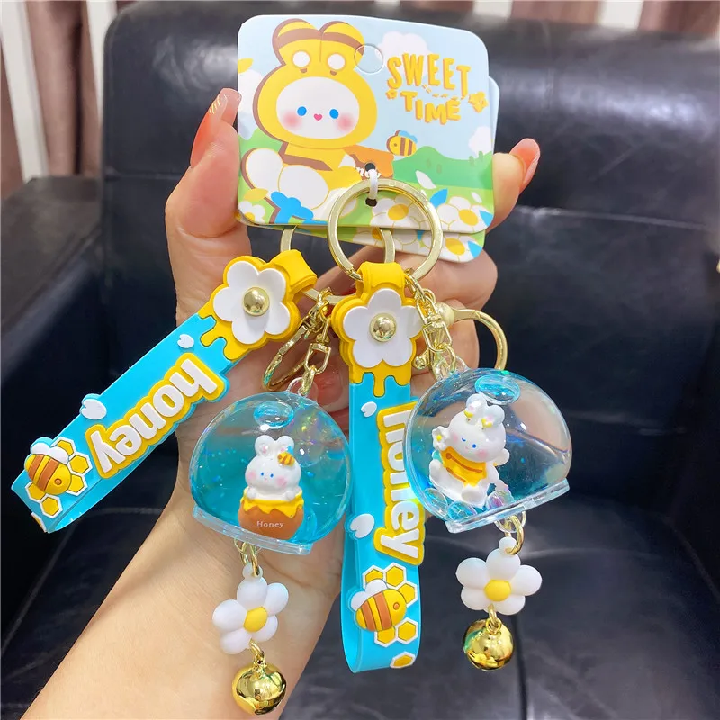 3pcs Cartoon Into Oil Bee Sweet Rabbit Wind Chimes Drifting Bottle Key Chain Female Cute Drifting Honey Jar Liquid Bag Keychain