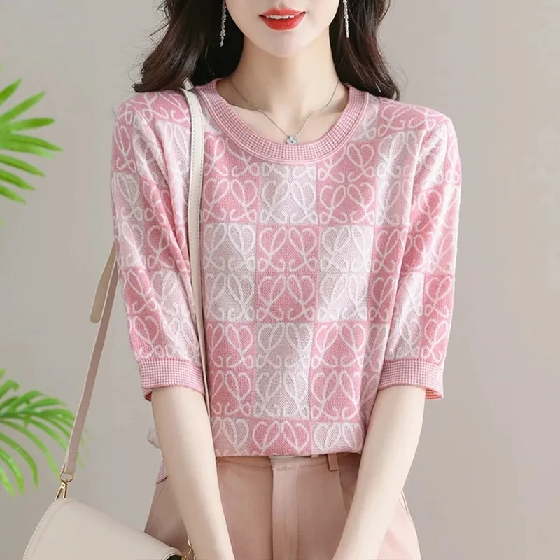 2024 Elegant Flower Print Loose Cozy Short Sleeve Women\'s T-shirt Summer Fashion Simple Thin Knit Clothes Korean Version New Top