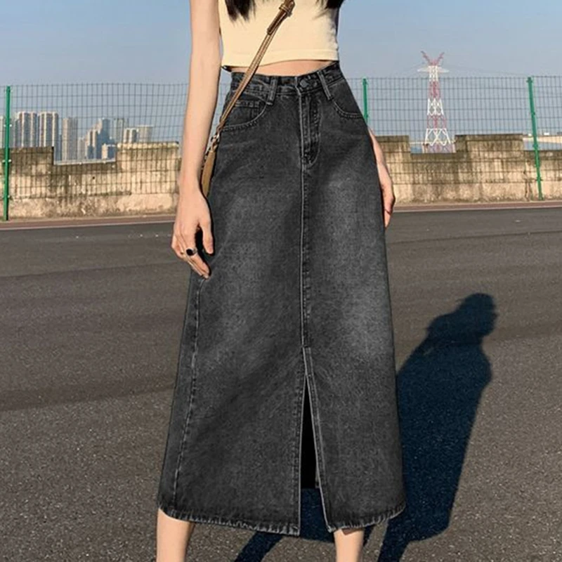 Women Split Long Denim Skirts Summer High Waisted Denim Skirt New Summer A-line Skirt With Wrapped Buttocks Skirt Pear Shaped