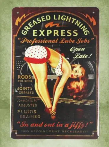 pin-up girl Greased Lightning Express professional lube jobs tin signs