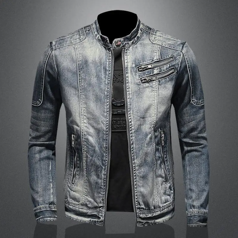 

Men's Denim Jacket Vintage Distressed American Style Slim Fit Motorcycle Jacket Workwear Casual Coat Spring Autumn