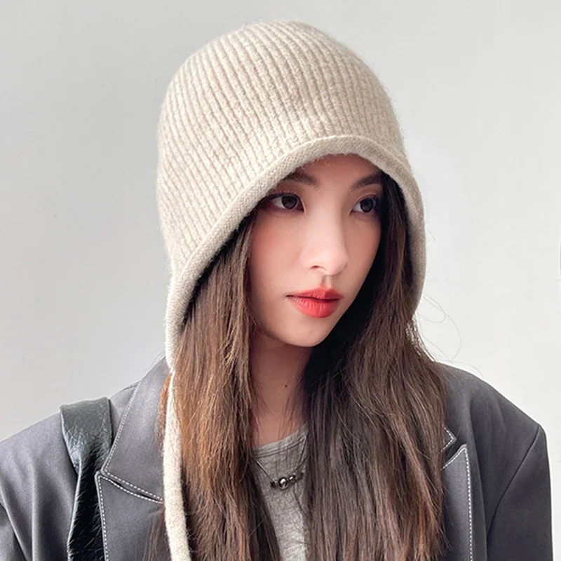 Women Sweet Double Drawstring Hat Autumn And Winter Letters Warm Versatile Knitted Earmuffs