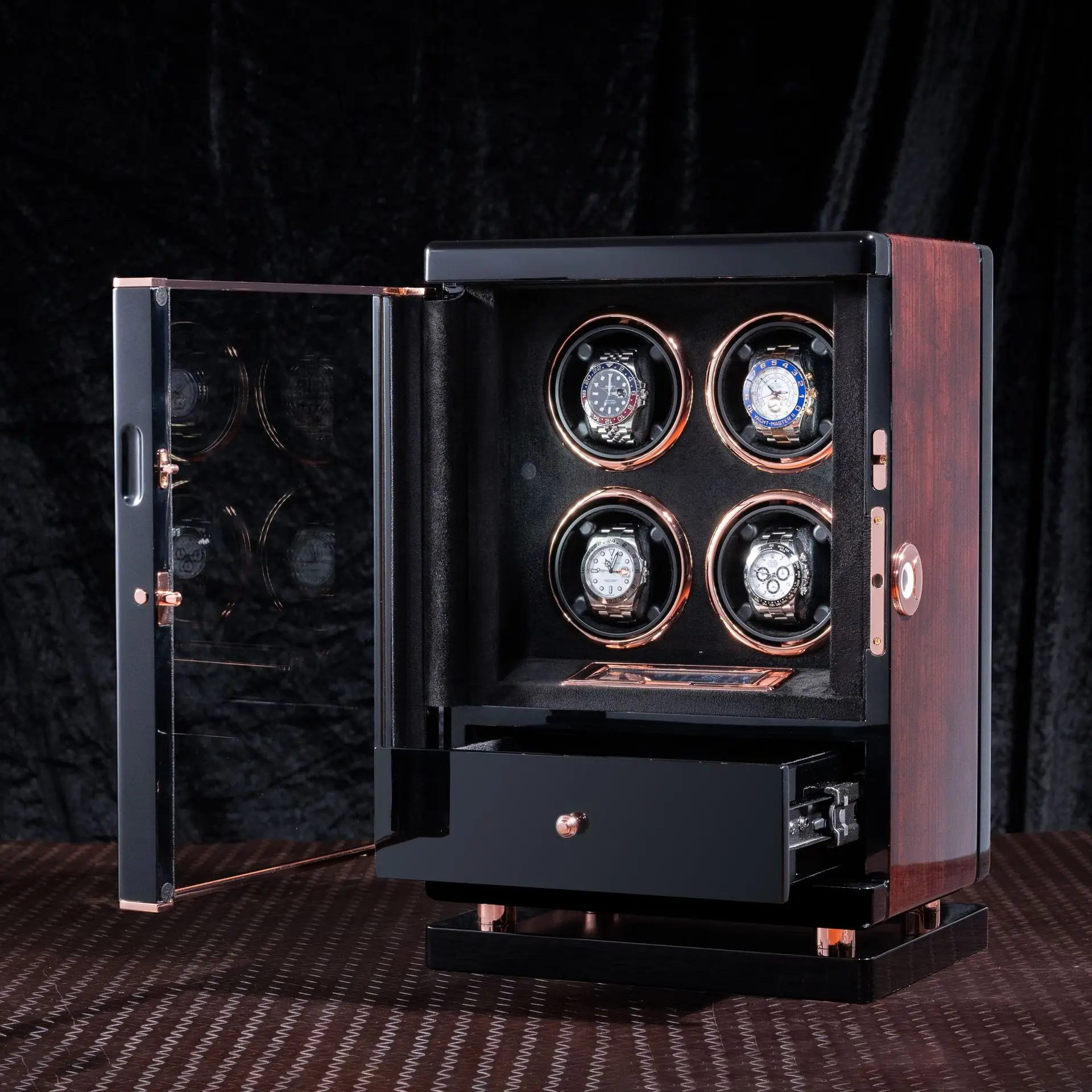 Custom LOGO Elegant Wooden Grain Piano Painted Automatic Watch Winder Home Self Swinging Device Rotating and Placing Chain Gift