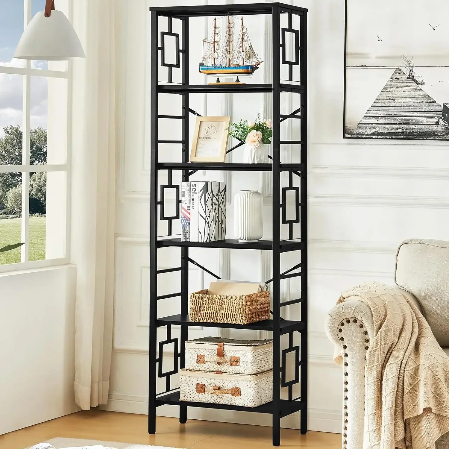 베스트셀러, 지금 구매하세요! 프리미엄 대형 책장, 금속 프레임과 개방형 선반이 있는 산업용 책장, 6단 금속 책장