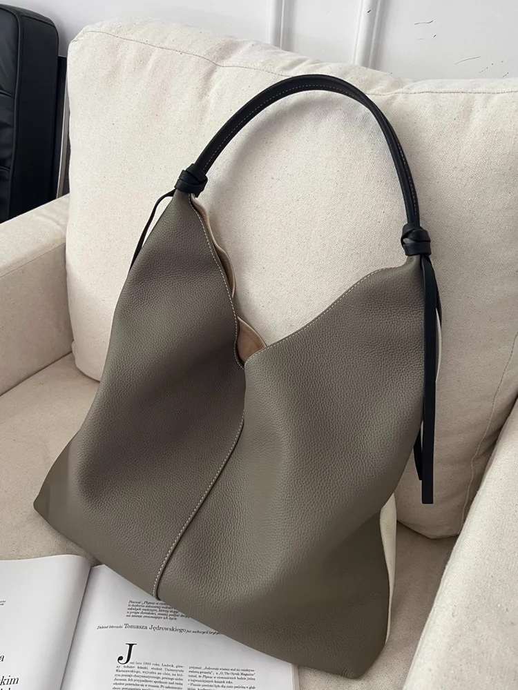 Fashion Casual Underarm Bag Genuine Leather Women Tote Bag\\Handbag Simple Real Leather Lady Shoulder Bag Commuter Bag Large