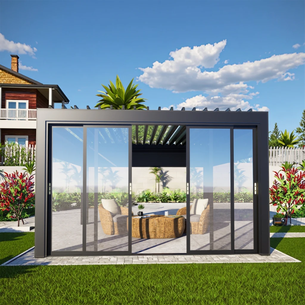 SINGO  Outdoor Bioclimatic Waterproof UV Block Motorized Louvered Aluminum Pergola with Sliding Glass Zip Screen