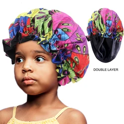 Kids Elastic Sleep Cap African Print Hair Bonnet Turban Satin Lined Cap Night Sleep Hat Children Turban Hair Wrap Styling Tools