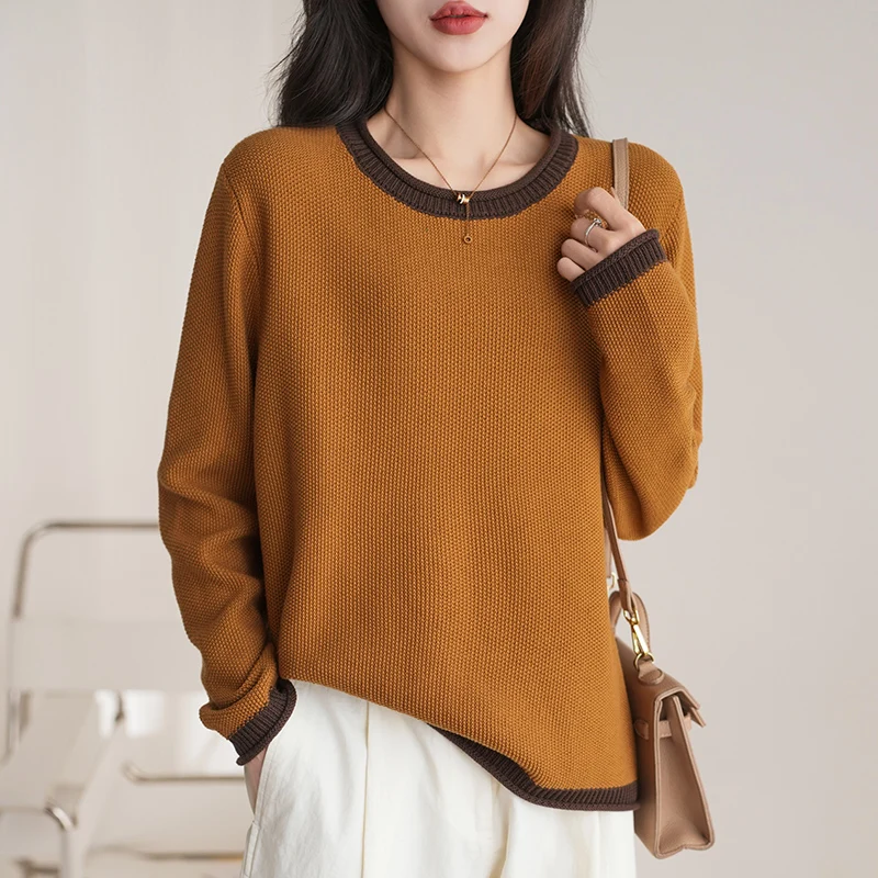 

Autumn and Winter New 100% Cotton Sweater Women's Casual Knitted Round Neck Color blocked Pullover Fashion Loose Women's Top