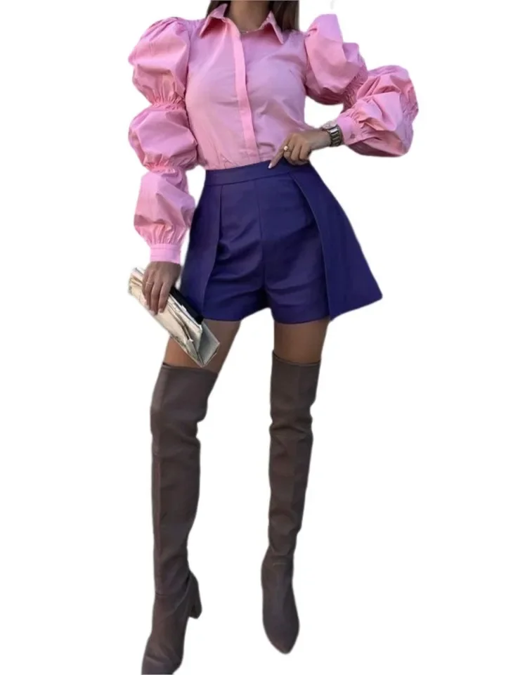 Solid Color Bubble Sleeves Summer New Fashion Style Loose Long Sleeved Collar Professional Casual Single Breasted Shirt